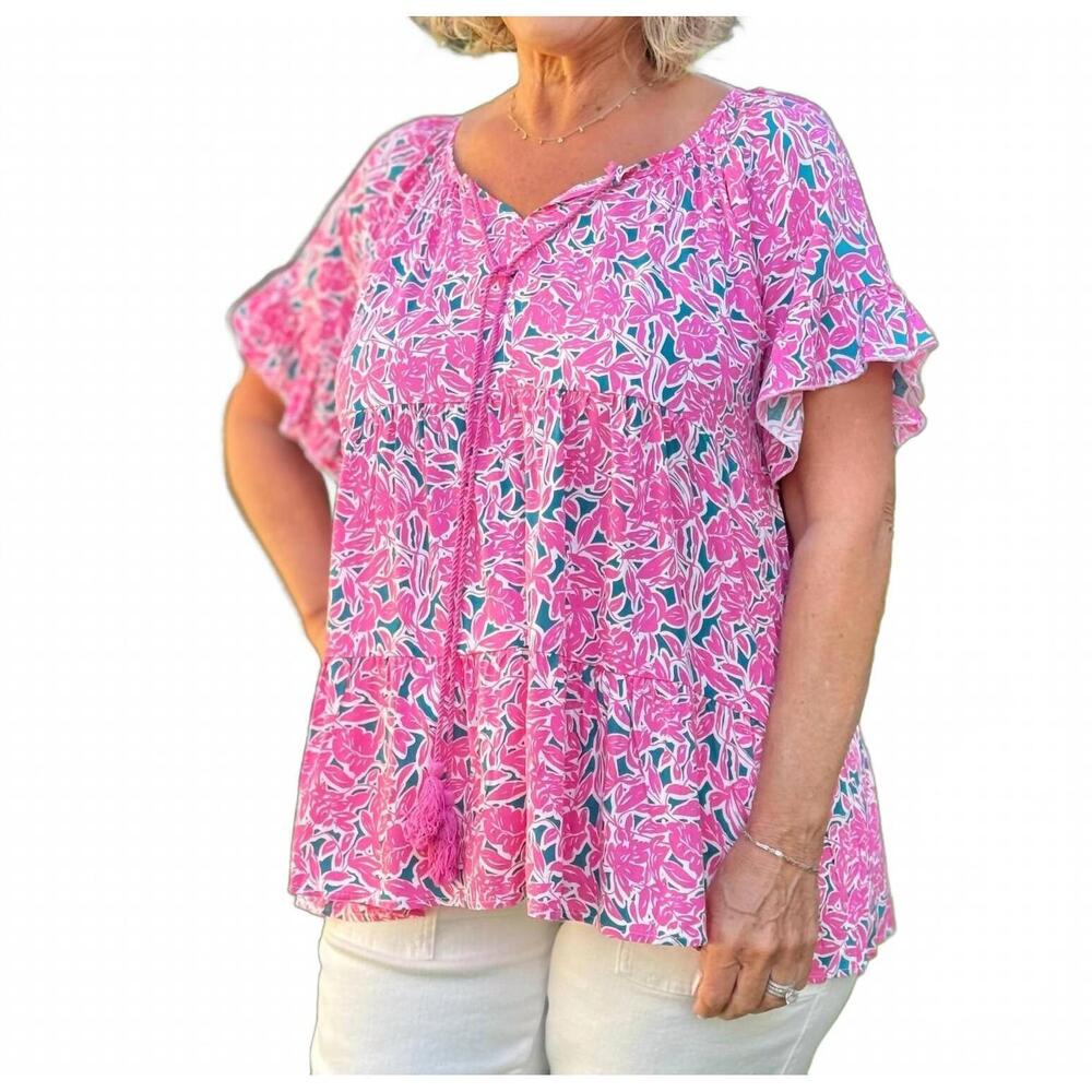 NEW SOUTHERN GRACE you're such a flirt short sleeve top in pink & green